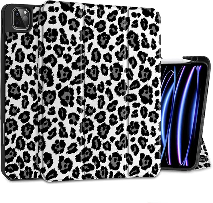MEEgoodo for iPad Pro 12.9 Case M2 6th/5th/4th/3rd Generation 2022 2021 2020 2018 with Pencil Holder Tablet Cover with Soft TPU Back Shell Snow Leopard Texture