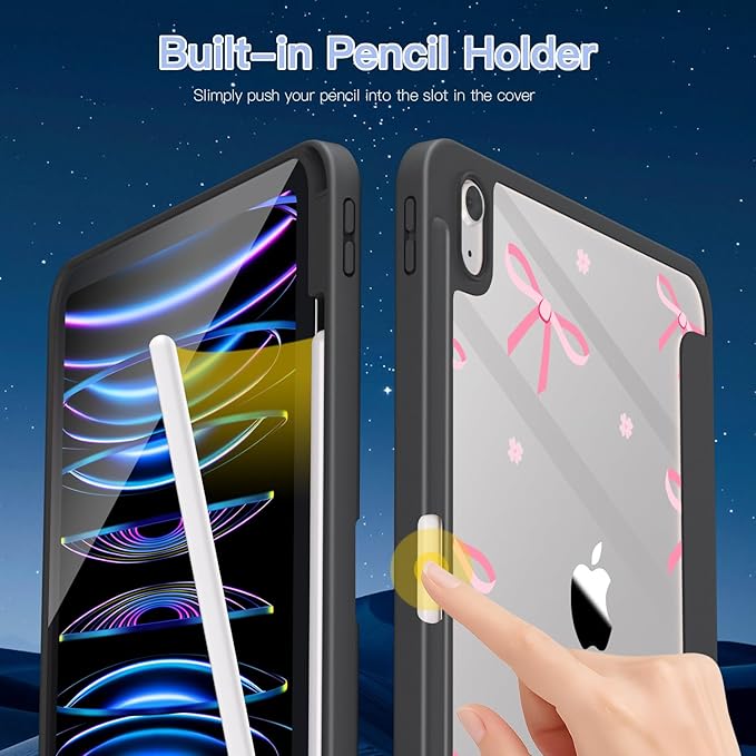 Teryeefi for iPad 11 inch (A16) 2025 11th Gen/iPad 10.9 inch 2022 10th Gen Built in Pencil Holder with Crystal Clear Back Cover Hard Shell with Auto Wake/Sleep &amp Stand Function Black Bows