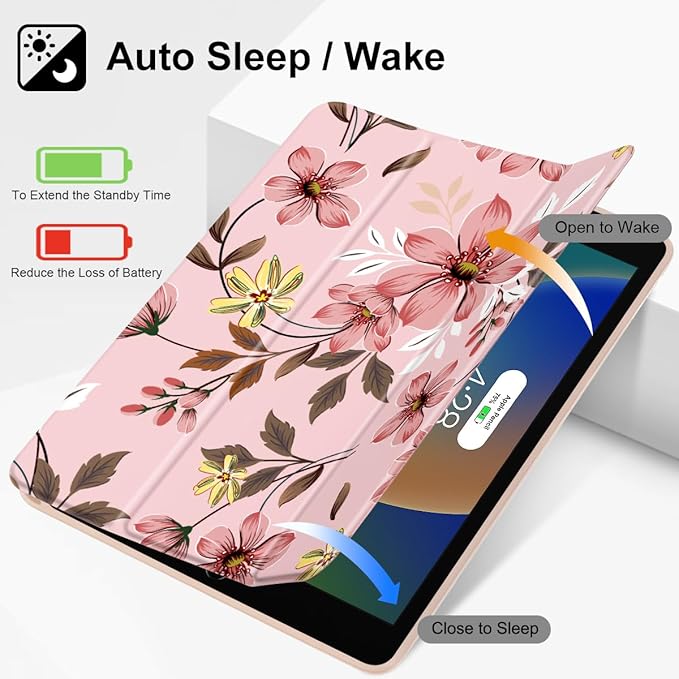 Mektron Designed Printed iPad 10.2 Case 9th Gen (2021)/ 8th Gen (2020)/ 7th Gen (2019) with Pencil Holder Slim Protective Case with Soft TPU Back Auto Wake/Sleep for iPad 10.2 Inch Floral C293