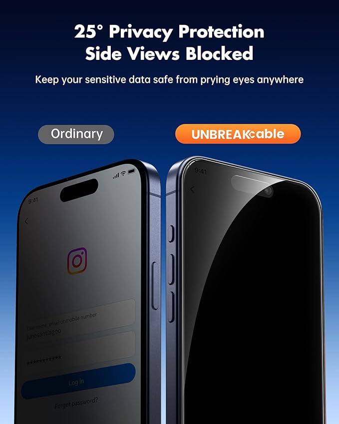 UNBREAKcable Privacy Screen Protector for iPhone 17 Pro (6.3) 25° Anti-Spy Tempered Glass Easy Install Alignment Frame Case-Friendly 9H Hardness Anti-Fingerprint 3-Pack