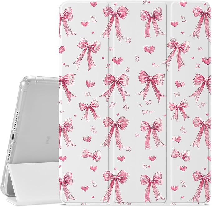 JOYLAND Girly Ribbon Bow Pattern Case for iPad Mini 7th(A17 Pro) 2024 / Mini 6th Generation 8.3 2021Pencil Holder &amp Clear Transparent Back &amp Trifold Smart Pad White Cover Scratchproof Case