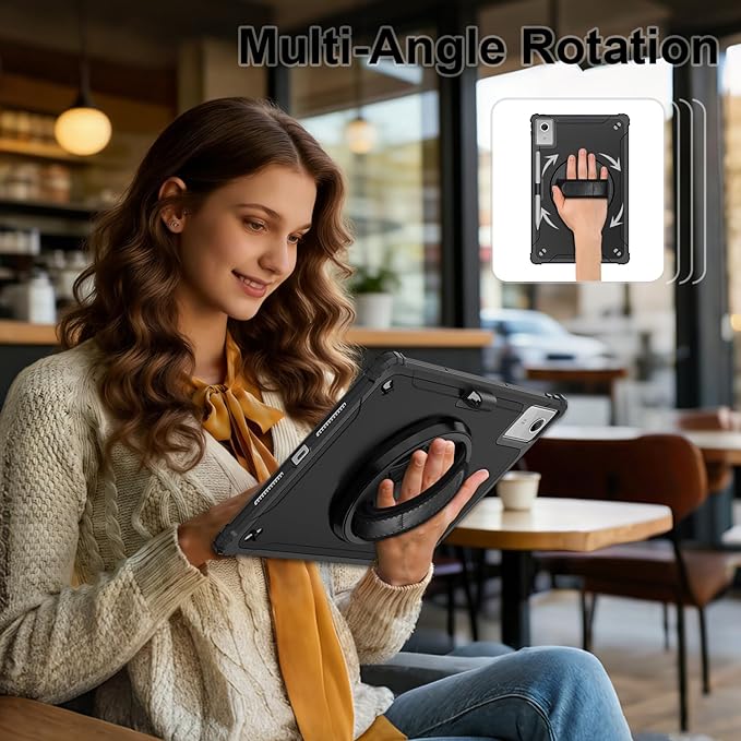 Junfire Protective Case for Lenovo Idea Tab Plus 12.1 inch 2025/Tab K12 Shockproof Hard Shell Idea Tab Plus Case with 360°Rotating Kickstand/Hand Strap/Shoulder Strap/Stylus Holder-Black