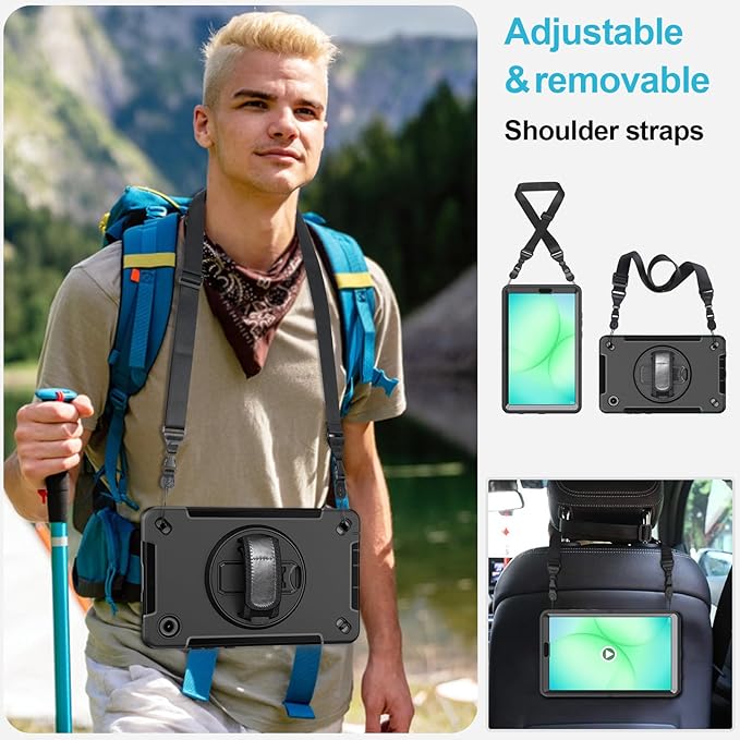 Case for Galaxy Tab A11 8.7 Inch: TPU Samsung Tablet A11 Cover 2025 with 360° Rotating Stand- Screen Protector -Hand Strap - Shoulder Strap - Pencil Holder - Black