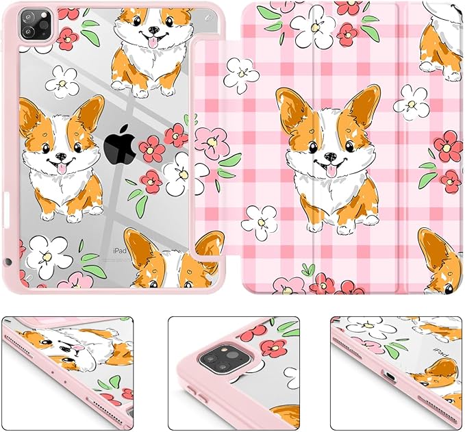 May Chen for iPad Pro 11 inch M2 4th Generation 2022 iPad Pro 11 3rd/2nd/1st Gen Built-in Pencil Holder with Shockproof Cover Clear Transparent Back Shell Auto Wake/Sleep Corgi Dog Stripes
