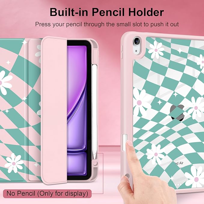 DONGKE Case for iPad Air 11-inch M4 2026 &amp M3 2025 &amp M2 2024 iPad Air 5th/4th Generation 10.9 2022/2020 [Built-in Pencil Holder] Clear Acrylic Back Trifold Stand Smart Cover Checkered &amp