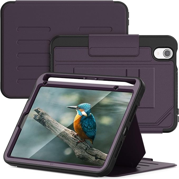 Case for iPad mini 7 (A17 Pro) 2024/ Mini 6 2021 8.3 Inch: Shockproof Rugged Protective Cover with Pencil Holder Auto Wake/Sleep Magnetic Multi-Angles Stand Card Slot Purple