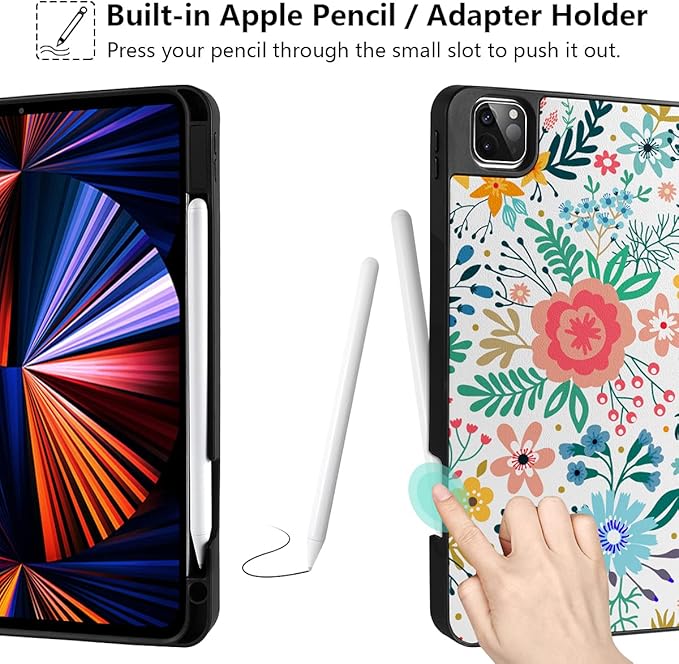 DONGKE Case for iPad Pro 12.9 inch 6th Generation 2022 Built-in Pencil Holder + Trifold Stand + Auto Wake/Sleep + Protective Cover for iPad Pro 12.9 5th/4th/3rd Gen - Flower