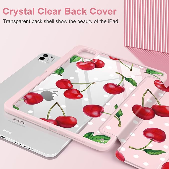 TWOLSKOO Case for iPad Pro 11-inch (M5 2025 / M4 2024) Clear Acrylic Back with TPU Bumper Pencil Holder Trifold Stand Auto Sleep/Wake Cherries