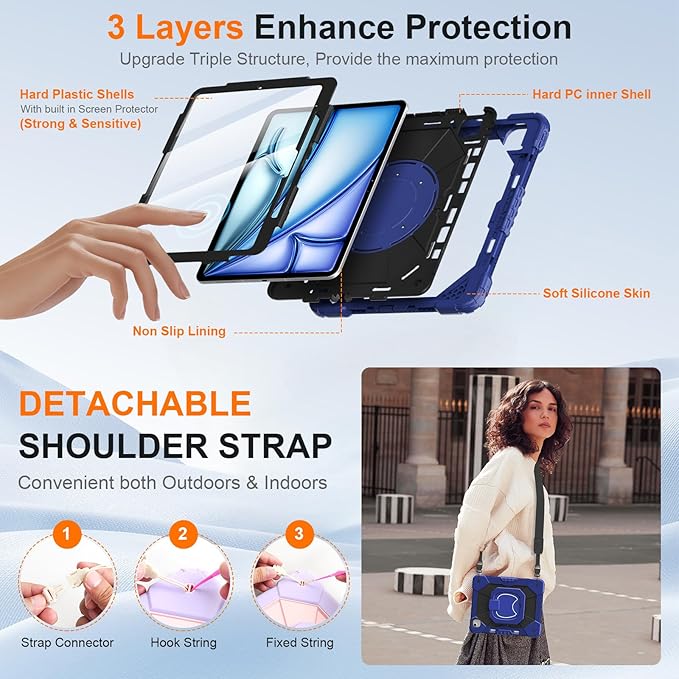 Case for iPad Air 13 Inch Case M4 2026/M3 2025/ M2 2024 Auorld for iPad Air 13 Inch Case M4 2026 Case with Screen Protector 360 Degree Rotating Stand Shoulder Strap Pencil Holder Navy Black