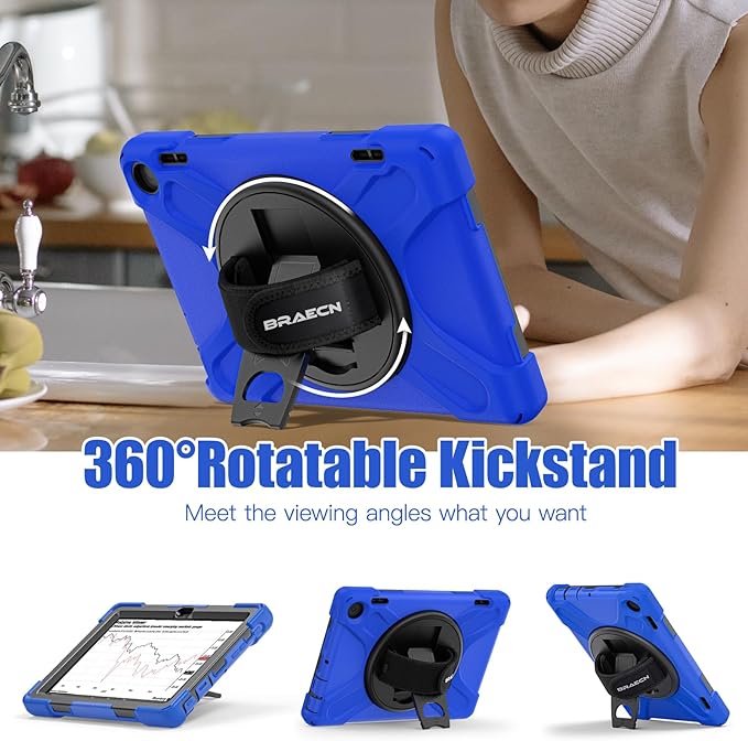 BRAECNstock for Amazon Fire HD 8 Tablet Case 12th Generation 2024/2022 8 inch with Rotating Hand Strap + Stand Shouler Strap Pen Holder Shockproof Rugged Kindle Fire HD 8 Protective Case Kids - Blue