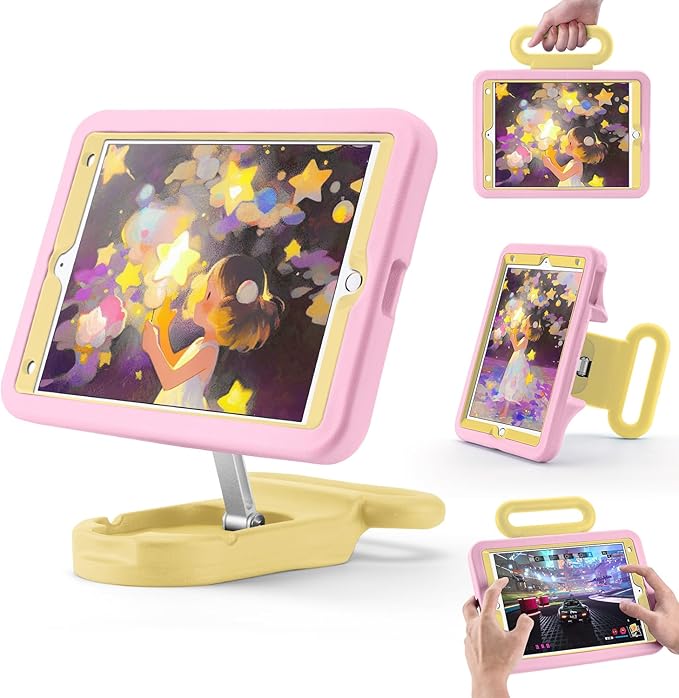 Kids Case for iPad 9th Gen 2021/ iPad 8th Gen 2020/ iPad 7th Gen 2019 Adjustable Portrait/Landscape Stand Drop Proof with HandleChild Friendly Cover for iPad 10.2 Inch (PinkYellow)
