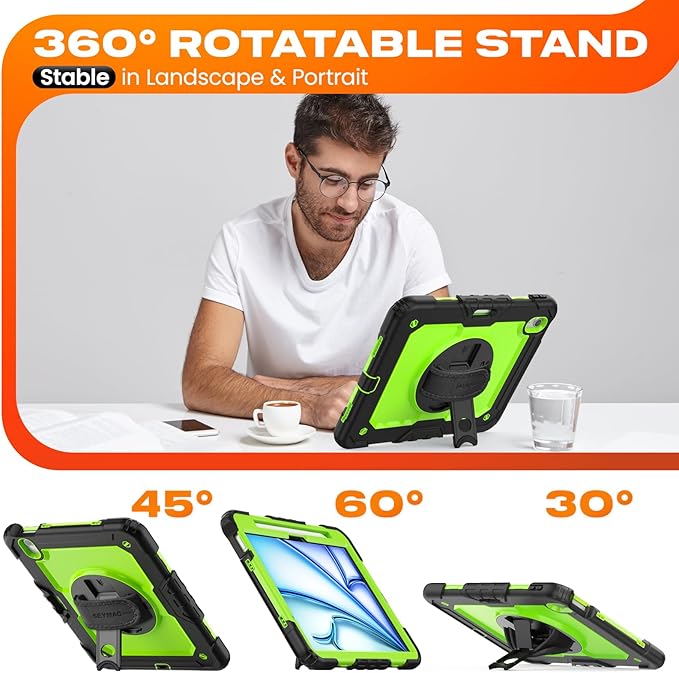SEYMAC stock Case for iPad Air 11-inch M4-M2 2026-2024 (Gen 8-6) Shockproof Heavy Duty Case with Screen Protector Pencil Holder Rotating Stand Hand Strap Shoulder Strap Green