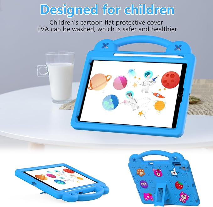 Dteck for iPad 9th/8th/7th Generation 10.2 Kids CaseStrawberry Panda Shockproof Rugged Lightweight Convertible Handles Stand Pencil Holder Kids Friendly Case for iPad 10.2 2021/2020/2019Sky Blue