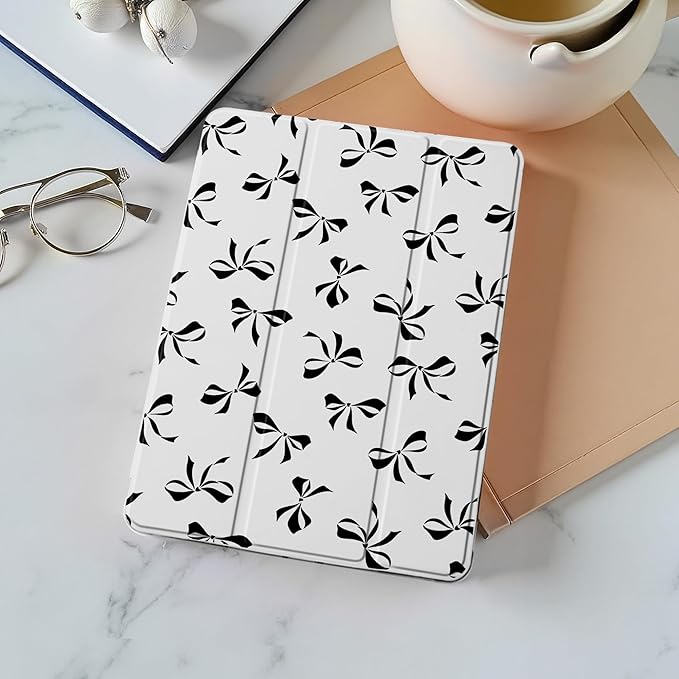 Idocolors Cute Black Bow Case for 12.9 iPad Pro(2018/2020/2021/2022) Tri-Fold Tablet Case with Auto Wake/Sleep &amp Pencil Holder - Vibrant Protective Cover for Women Girls and Teens (White)