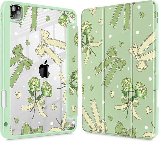Tuiklol for iPad Pro 11 Inch Case M2 2022 Gen 4th -Built-in Pencil Holder Shockproof Cover Clear Transparent Back Shell Fit for iPad 11’’ 2021 2020 2018 Gen 3rd/2nd/1st for KidBow &amp Rose Green