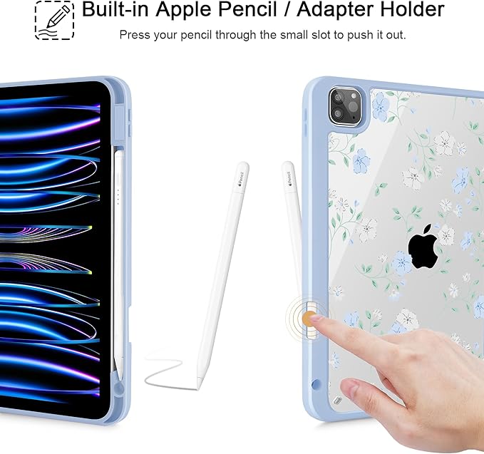 May Chen for iPad Pro 11 inch M2 4th Generation 2022 iPad Pro 11 3rd/2nd/1st Gen Built-in Pencil Holder with Shockproof Cover Clear Transparent Back Shell Auto Wake/Sleep Flower Blue Waves