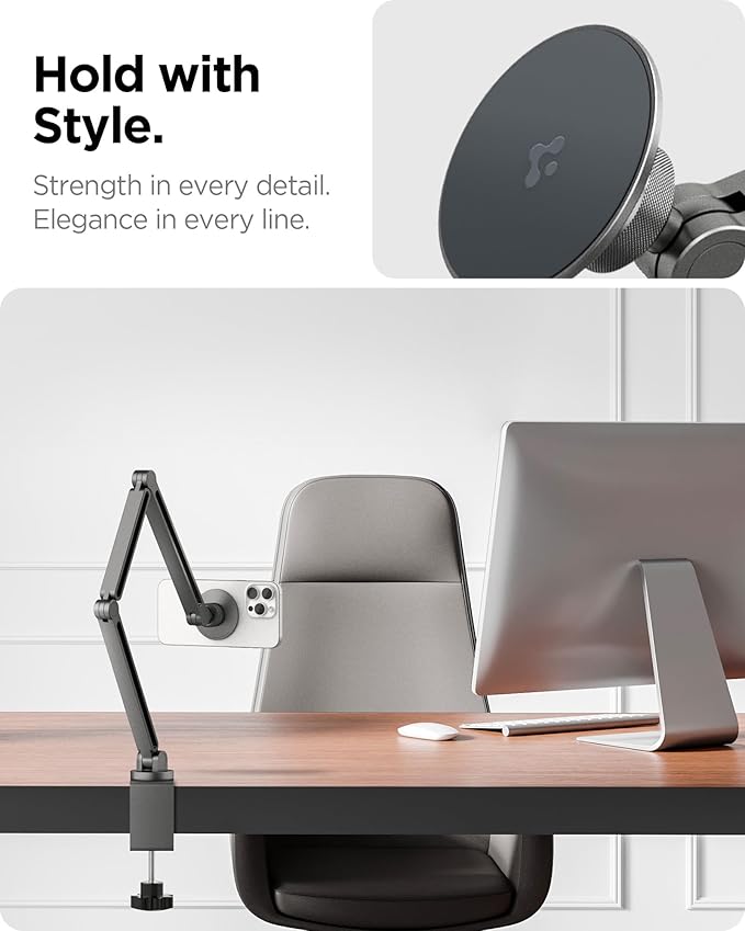 Spigen OneTap (Magfit) Adjustable and Flexible Phone Holder Clamp Stand with Magsafe Overhead Mount Bed Accessories Compatible with iPhone 16 15 14 13 12 Series &amp MagSafe Cases - Space Gray