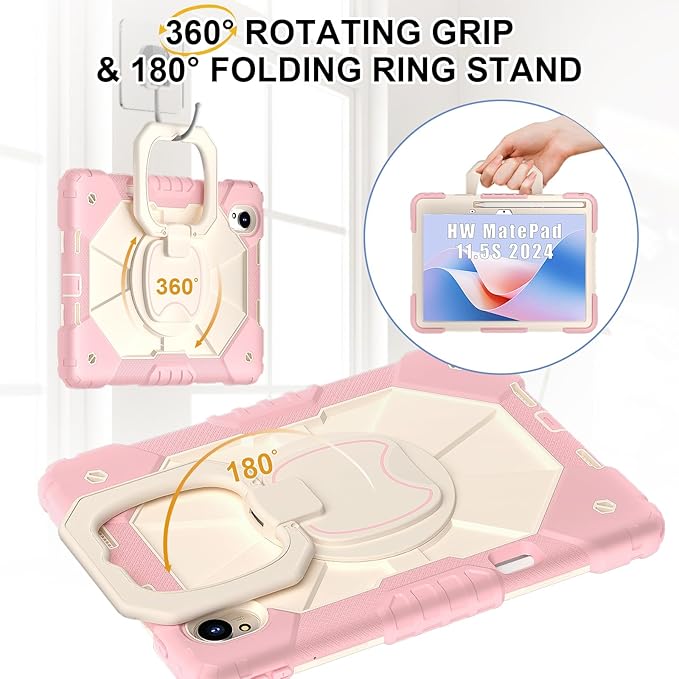 Shoulder Strap Tablet Case for Huawei MatePad 11.5 S 2025 11.5-inch S Heavy Duty Shockproof Protective Cover with Kickstand Handle Shoulder Strap for Kids Women Man Rose Gold