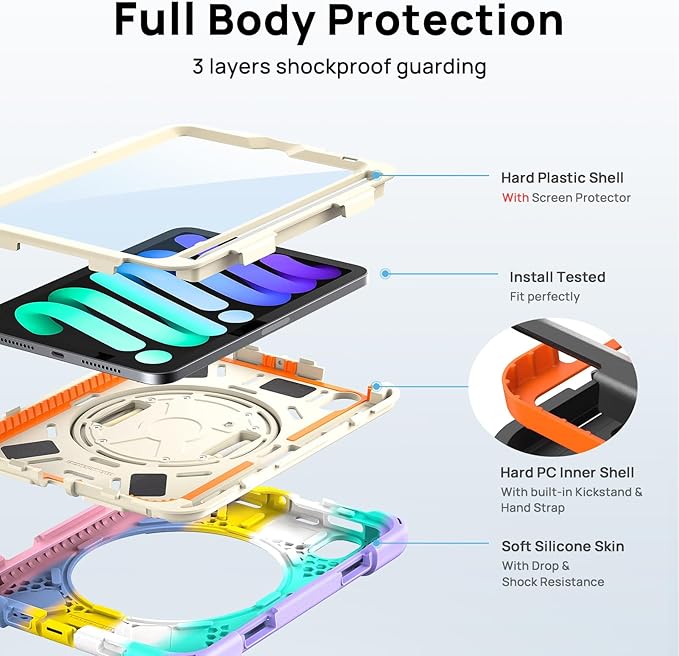 Gerutek Case for iPad mini 7 (A17 Pro) 2024/Mini 6 2021 8.3 inch Shockproof Cover for iPad mini 7/6th Gen with Screen Protector 360° Rotating Stand Hand/Shoulder Strap Pencil Holder Colorful Pink