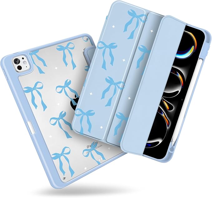 MecBevia Case for iPad Pro 11 inch M5 2025 / M4 2024 (6th/5th Gen) A3357 A3358 A3359 A2836 A2837 A3006 – Built-in Pencil Holder &amp Auto Wake/Sleep Blue Bow