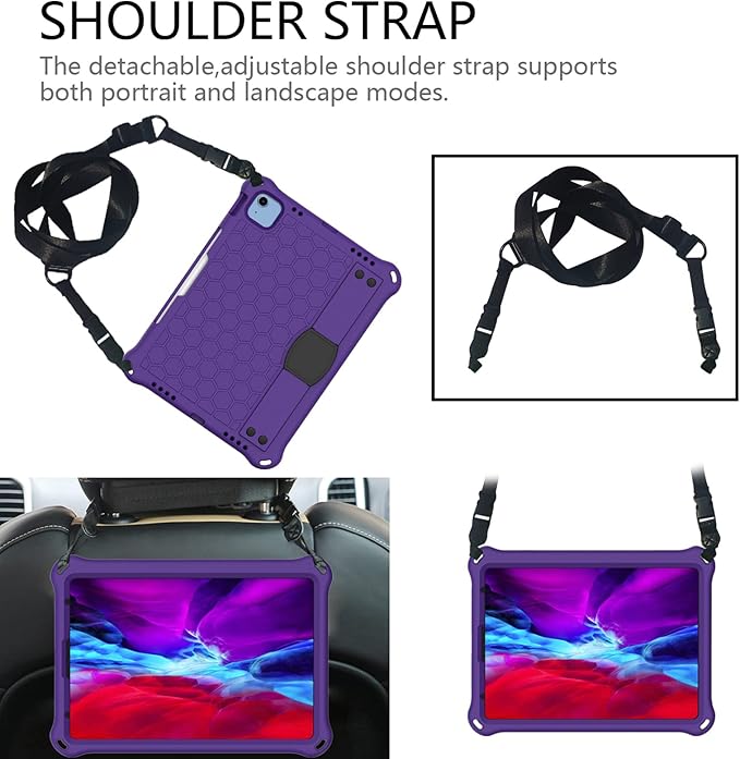 for iPad (A16) 11th Generation 11 Inch 2025 &amp iPad 10th Generation Case 10.9 inch 2022 with Pencil Holder/Kickstand/Hand Strap/Shoulder Strap Silicone &amp Hard Shockproof Stand Cover Purple