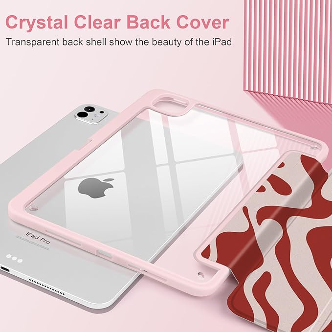TWOLSKOO Case for iPad Pro 11-inch (M5 2025 / M4 2024) Clear Acrylic Back with TPU Bumper Pencil Holder Trifold Stand Auto Sleep/Wake Red Waves