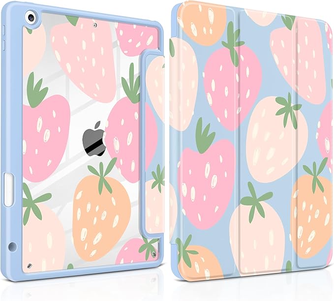 MEEgoodo Case for iPad 10.2 inchTablet Cases for iPad 9th Generation 2021/8th Gen 2020/7th Gen 2019 with Clear Acrylic Back Shell+Pencil Holder+Auto Wake/Sleep+Trifold StandCute Drawn Strawberries
