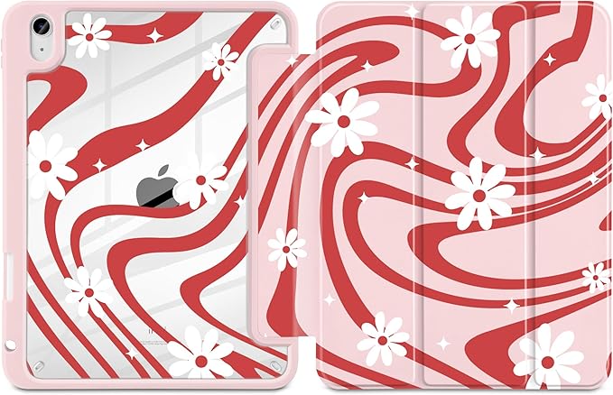 DONGKE Case for iPad (A16) 11th Generation 11 inch 2025 &amp iPad 10th Gen 10.9 inch 2022 [Built-in Pencil Holder] Clear Acrylic Back Trifold Stand Smart Cover Auto Sleep/Wake Swirl &amp Daisy