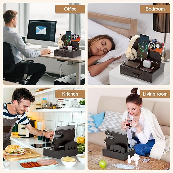 Phone Docking Station for Men: Desk or Nightstand Organizer with Drawer Birthday Gifts for Husband Dad BoyfriendHim Wooden Charging Station for Phone Watch Key Holder Wallet (Reddish Brown)