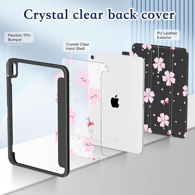 CISSOOK for iPad 11 inch (A16) 2025 11th Gen Case/iPad 10.9 inch 2022 10th Gen Built in Pencil Holder with Crystal Clear Back Cover with Auto Wake/Sleep Stand Function Cute Flower