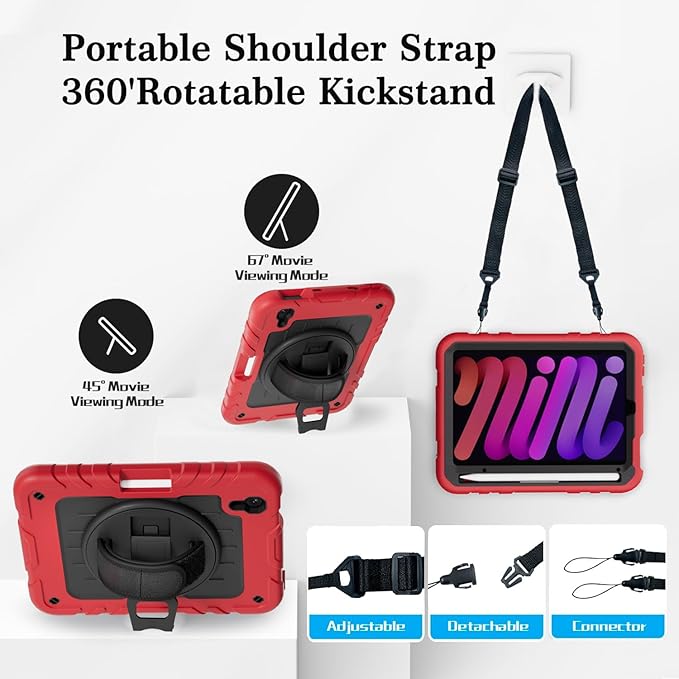 for iPad mini 7 A17 Pro/iPad mini 6 8.3 Inch Case iPad mini 7th/6th Generation Case (2024/2021) with Pencil Holder/Kickstand Hand Strap/Shoulder StrapRed+Black