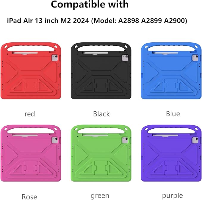 Kids Case for Apple iPad Air 13 inch Tablet M4/M3/M2 (2026/2025/2024) with Pencil Holder Anti-Slip Handle Slim Lightweight Stand Shockproof Soft EVA Protective Silicone Bumper Cover Red