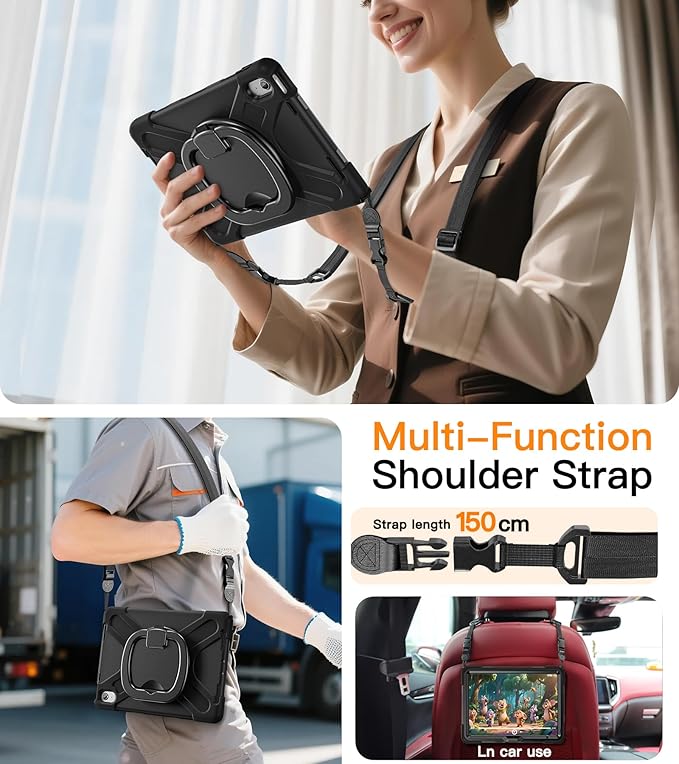 BATYUE Case for iPad (A16) 11th/10th Gen 11''/10.9'' 2025/2022 - Heavy Duty Shockproof Cover with 360° Rotating &amp 180° Folding Stand Screen Protector Shoulder Strap &amp Pencil Holder | Black