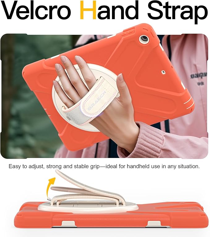 BRAECN Case for iPad 6th/5th Generation 9.7 inch 2018/2017 Protective Heavy Duty Shockproof Cover for Kids/Adults 360° Rotating Hand Strap/Stand &amp Detachable Shoulder Strap Coral Orange