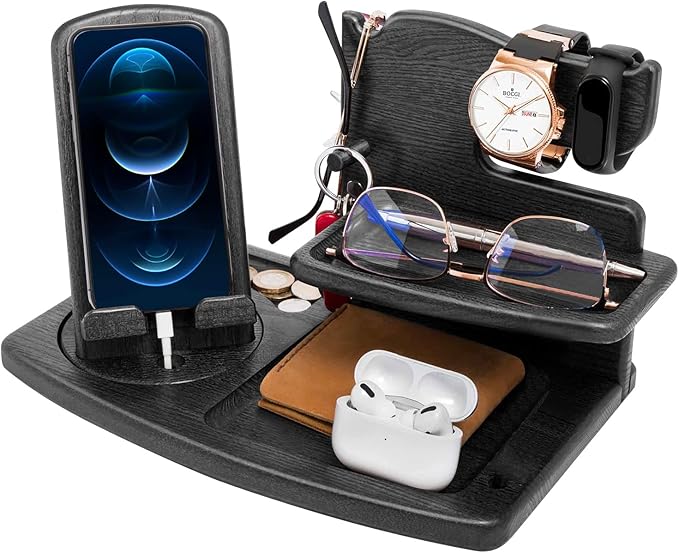 Gifts for Men Fathers Day Wood Phone Docking Station for Dad Desk or Nightstand Organizer Mens Gifts for Husband Birthday Gifts for MenGifts for Fathers Day Key Holder Wallet Watch &amp Essent