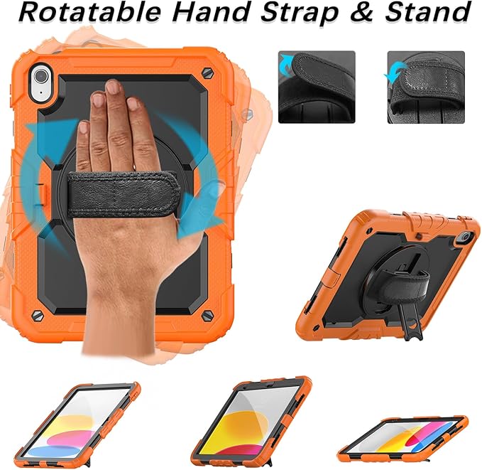 Weuiean Case for iPad A16 11th/10th Generation 11/10.9 Military-Grade Heavy-Duty Shockproof Cover with 360° Rotating Stand Built-in Pencil Holder &amp Adjustable Hand/Shoulder Strap - Black+Orang