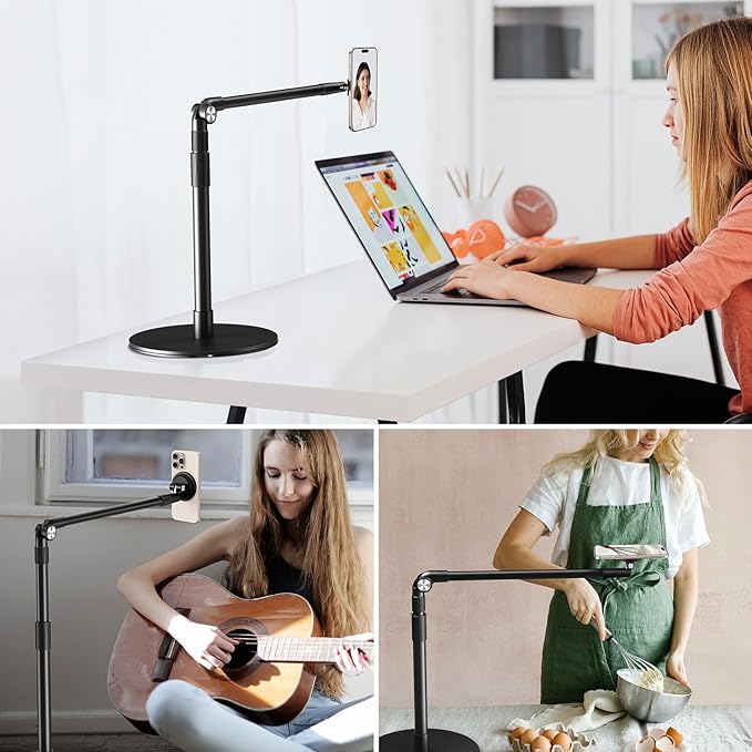 elitehood Magnetic Phone Stand for Overhead Recording 15 in Long Arm Magsafe iPhone Holder for Video Recording 360 Swivel Tilt Overhead Phone Mount for Filming Meeting Cooking Painting Crafting