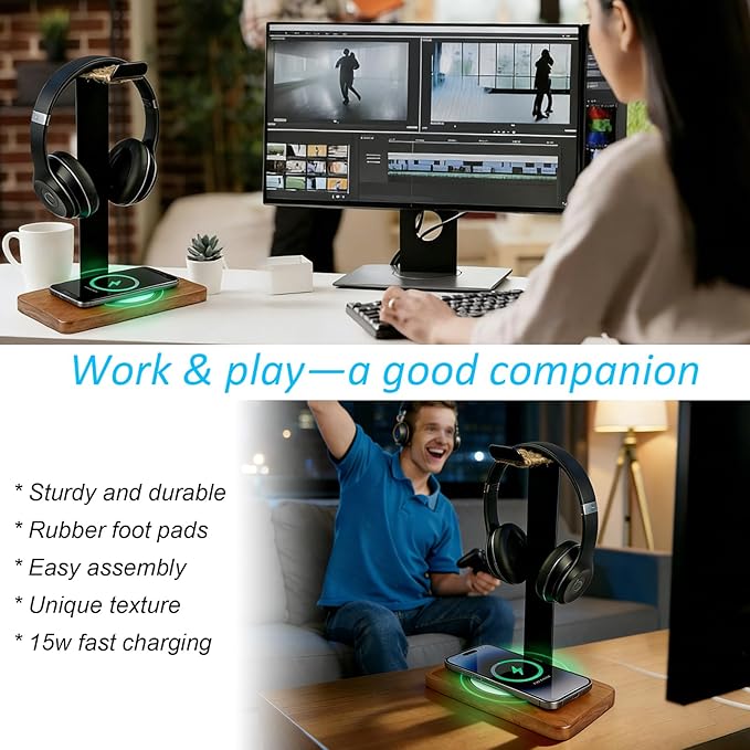 Handmade Wood Headset Stand with Fast Wireless Charging Pad- QI Wireless Charging Dock Compatible with iPhone 17/16/15/14 /Samsung Series2-in-1 Universal Holder for All Table Headphones