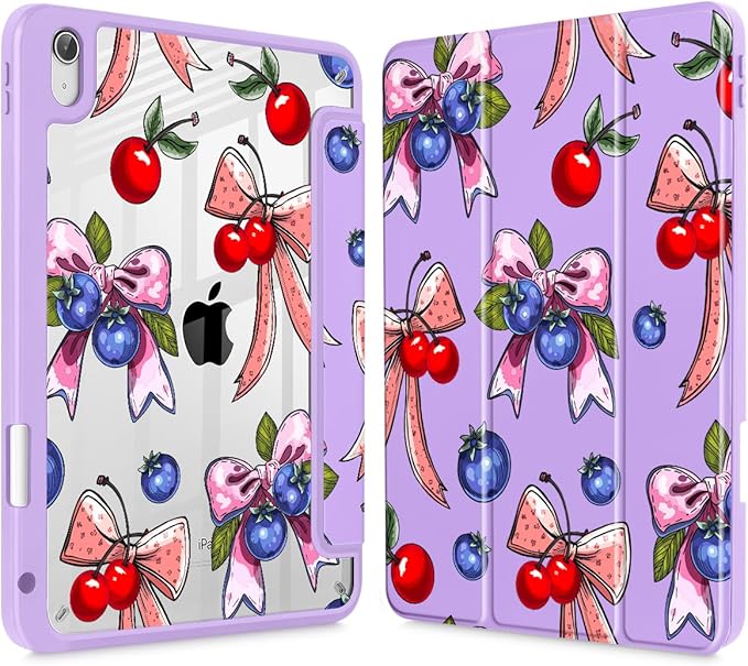 Tuiklol for 2025 iPad (A16 Chip) 11th Generation 11 inch/iPad 10th Gen 10.9 inch 2022 Case Buit in Pencil Holder with Clear Back Shell Cover Trifold Stand Auto Wake/SleepBerries Ribbons Purple