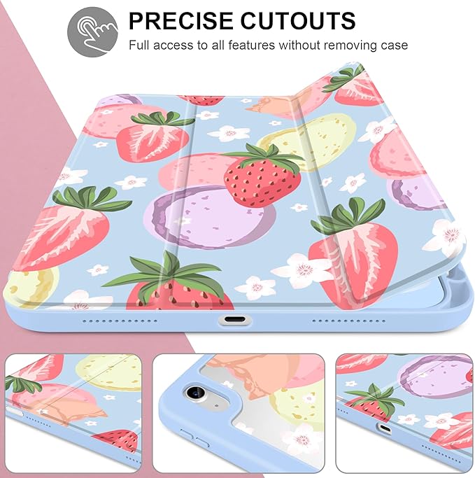 Case for iPad A16 11th Generation 11 inch 2025 iPad 10th Generation 10.9 inch 2022 -[Built-in Pencil Holder] Shockproof Clear Hard Back Trifold Stand Auto Wake/Sleep Strawberry