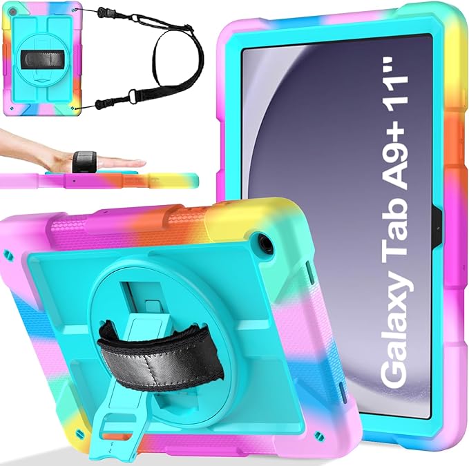BMOUO CASE for Samsung Galaxy Tab A9+/A9 Plus Case 11 2023 (SM-X210/X216/X218) Shockproof Galaxy Tab A9 Plus Case with Rotating Stand and Hand/Shoulder Strap Turquoise