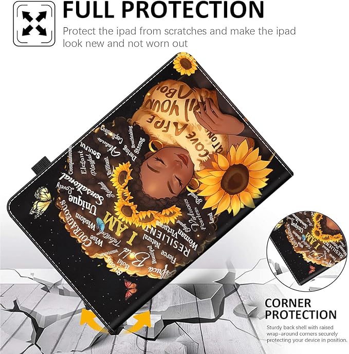 Case Fits Amazon Kindle Fire HD 8 &amp 8 Plus Tablet (12th Generation/10th Generation 2022/2020 Release) 8 Multi-Angle Smart Stand Cover Auto Sleep/WakeAfrican American Women Sunflower Butterfly