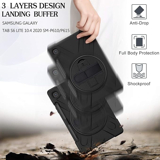 BRAECN for Samsung Galaxy Tab S6 lite Case 10.4 inch 2024/2022Rugged Shockproof Case with 360 Rotating Hand Strap&ampKickstand Shoulder Strap S Pen Holder for Samsung Galaxy Tab S6 Lite Tablet -Bl