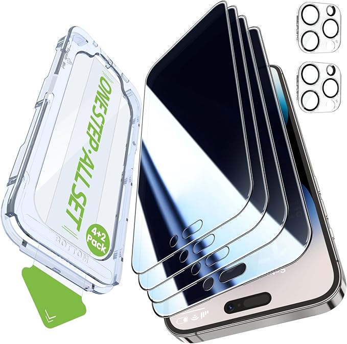 iGluz 4+2 Pack for iPhone 14 Pro Privacy Screen Protector with Camera Lens Protector 6.1 inch9H+Tempered Glass[12FT Military Grade Shatterproof &amp100% Anti-Spy]3D Micro-Curved Edges[Longest Durab