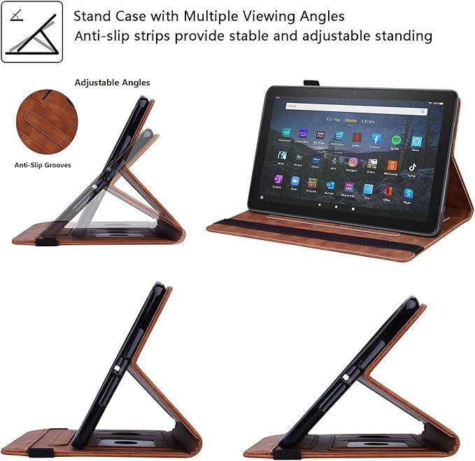 for Amazon Kindle Fire HD 10 &amp Fire HD 10 Plus Tablet Case 13th/11th Generation 10.1 (2023/2021) Folio Stand Embossed PU Leather Wallet Cover with Pencil Holder/Document Card Pockets Brown