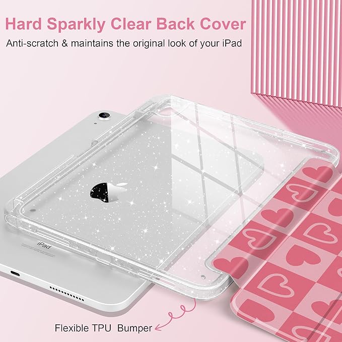 MEEgoodo Case for iPad A16 11th Generation 2025/10th Generation 2022 Glitter Tablet Cases with Transparent Acrylic Back+Trifold Stand +Pencil Holder+Auto Wake/SleepHearts &amp Pink Checkered