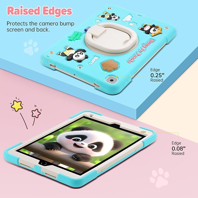 Case for iPad 9th/8th/7th GenerationCute 3D Cool Panda Warrior Design Cover with Screen Protector Rugged Protective Cartoon Case with Stand/Strap/Pen Slot for iPad 10.2 Kids Teens (Mint+White)