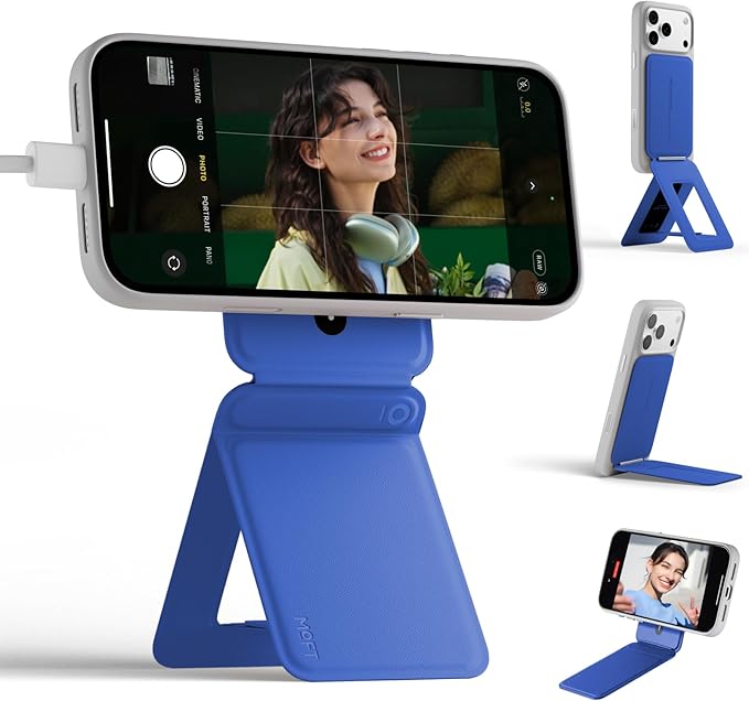 MOFT Phone Stand Magnetic Phone Tripod Stand Stain-Resistant MOVAS Leather &amp Angle Adjustment &amp Strong Magnets Tripod for iPhone 17/16/15/14/13/12 (Included Metal Ring)-Sapphire