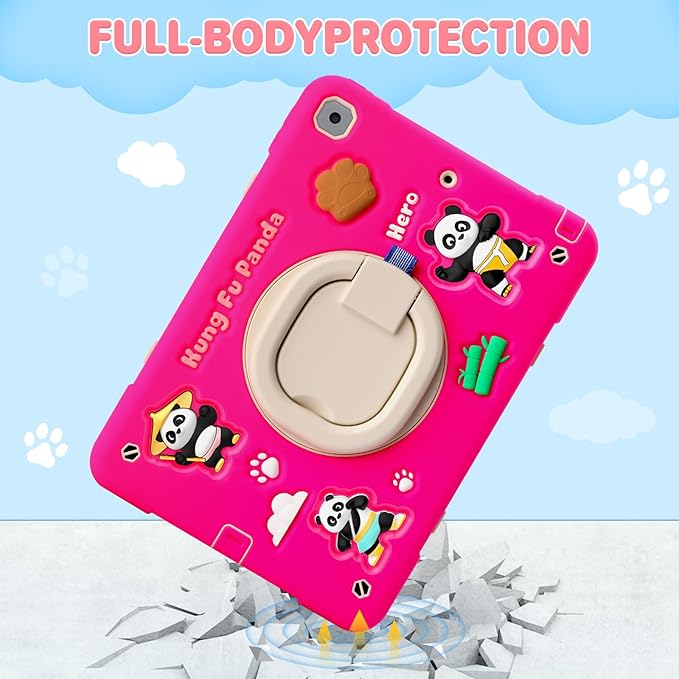 Case for iPad 9th/8th/7th GenerationCute 3D Cool Panda Warrior Design Cover with Screen Protector Rugged Protective Cartoon Case with Stand/Strap/Pen Slot for iPad 10.2 Kids Teens (Rose+White)