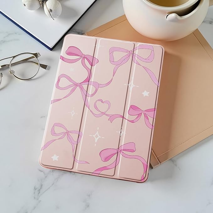 Idocolors Case for iPad 11 inch (A16 Chip) 2025 Generation 11th / iPad 10.9 inch 2022 10th Gen Built-in Pencil Holder with Soft TPU Shockproof Back Shell Auto Wake/Sleep Pink Ribbon Bow-Pink